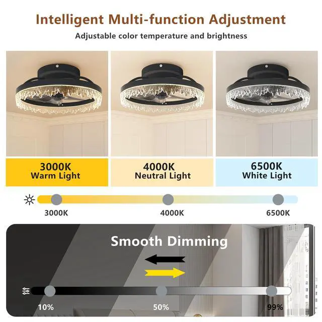 Alt view image 5 of 7 - Smart Silent Elegant Black Ceiling Fan with Light 16-inch Flush Mount Led Chandelier with 5 invisible Blades, Remote Control & Timer, Dimmable Lighting for Bedroom, Living Room, Dining Room