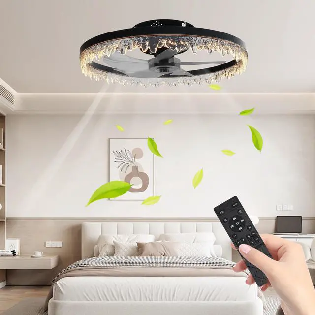 Alt view image 2 of 7 - Smart Flush Mount Ceiling Fan with Light 20-inch integrated Led Chandelier with 5 invisible Blades, Remote Control & Timer, Dimmable Lighting, Ultra-Quiet Operation for Bedroom, Living Room, and Din