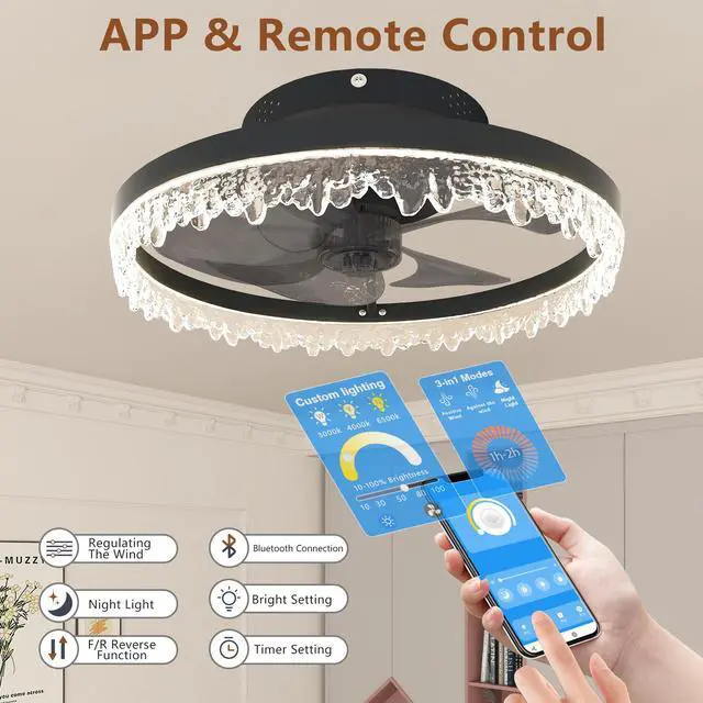 Alt view image 3 of 7 - Smart Silent Elegant Black Ceiling Fan with Light 16-inch Flush Mount Led Chandelier with 5 invisible Blades, Remote Control & Timer, Dimmable Lighting for Bedroom, Living Room, Dining Room