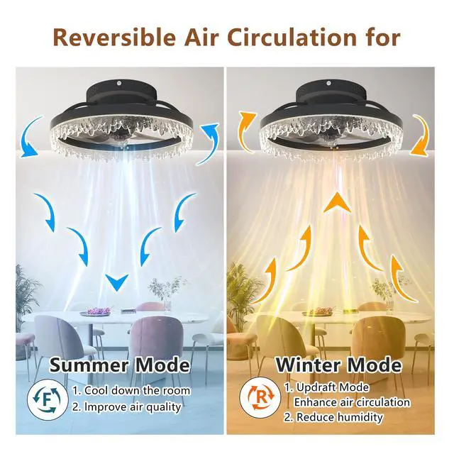 Alt view image 6 of 7 - Smart Silent Elegant Black Ceiling Fan with Light 16-inch Flush Mount Led Chandelier with 5 invisible Blades, Remote Control & Timer, Dimmable Lighting for Bedroom, Living Room, Dining Room