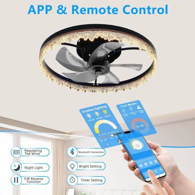 Alt view image 5 of 7 - Smart Flush Mount Ceiling Fan with Light 20-inch integrated Led Chandelier with 5 invisible Blades, Remote Control & Timer, Dimmable Lighting, Ultra-Quiet Operation for Bedroom, Living Room, and Din