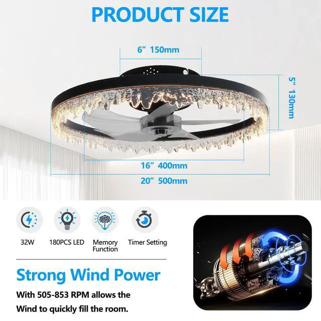 Alt view image 7 of 7 - Smart Flush Mount Ceiling Fan with Light 20-inch integrated Led Chandelier with 5 invisible Blades, Remote Control & Timer, Dimmable Lighting, Ultra-Quiet Operation for Bedroom, Living Room, and Din
