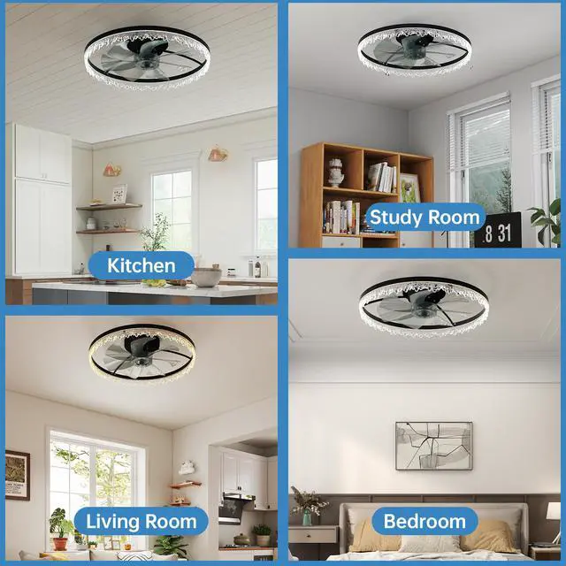 Alt view image 2 of 7 - Luxury Crystal Ceiling Fan with Lights 24'' Flush Mount Led Chandelier Fan with 5 invisible Blades, Remote & Timer, Bright Dimmable Lighting for Bedroom, Living Room, Dining Room
