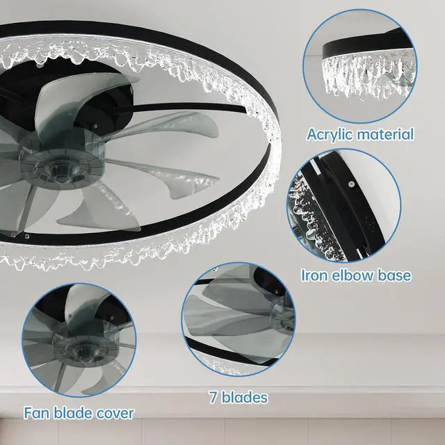 Alt view image 3 of 7 - Luxury Crystal Ceiling Fan with Lights 24'' Flush Mount Led Chandelier Fan with 5 invisible Blades, Remote & Timer, Bright Dimmable Lighting for Bedroom, Living Room, Dining Room