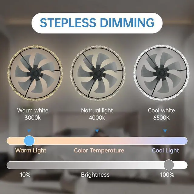 Alt view image 4 of 7 - Luxury Crystal Ceiling Fan with Lights 24'' Flush Mount Led Chandelier Fan with 5 invisible Blades, Remote & Timer, Bright Dimmable Lighting for Bedroom, Living Room, Dining Room