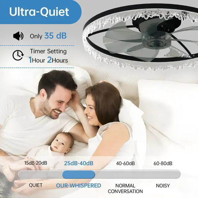 Alt view image 5 of 7 - Luxury Crystal Ceiling Fan with Lights 24'' Flush Mount Led Chandelier Fan with 5 invisible Blades, Remote & Timer, Bright Dimmable Lighting for Bedroom, Living Room, Dining Room