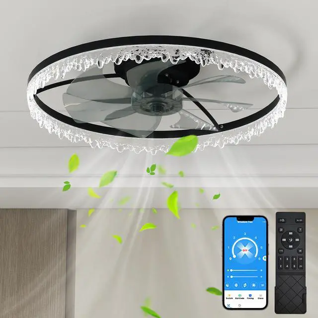 Main image of Luxury Crystal Ceiling Fan with Lights 24'' Flush Mount Led Chandelier Fan with 5 invisible Blades, Remote & Timer, Bright Dimmable Lighting for Bedroom, Living Room, Dining Room