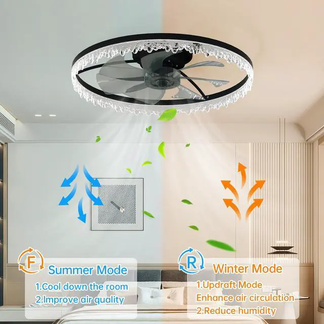 Alt view image 6 of 7 - Luxury Crystal Ceiling Fan with Lights 24'' Flush Mount Led Chandelier Fan with 5 invisible Blades, Remote & Timer, Bright Dimmable Lighting for Bedroom, Living Room, Dining Room
