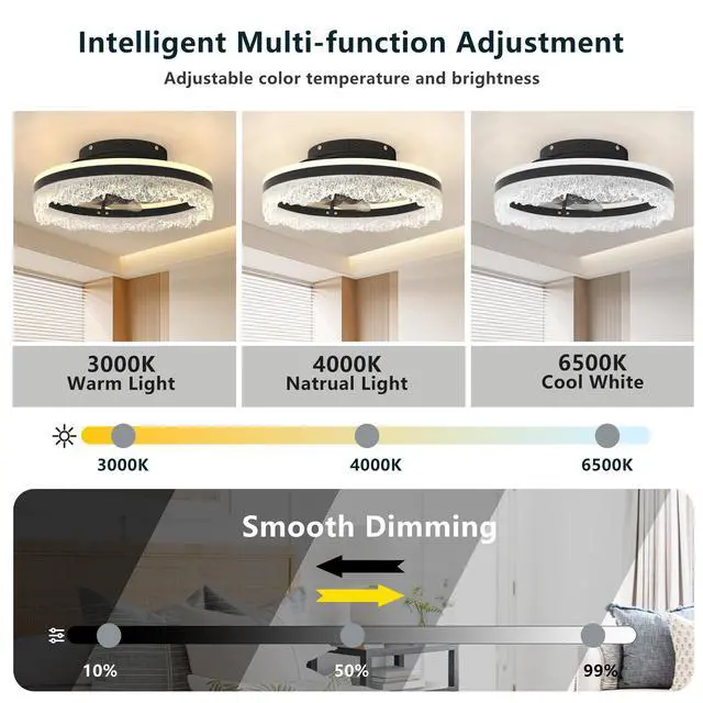 Alt view image 4 of 7 - 16" Quiet Ceiling Fan with Light Led Crystal Flush Mount Fan Lamp with Hidden Blades and Natural Airflow, Perfect for Bedroom, Kids Room, Study Room