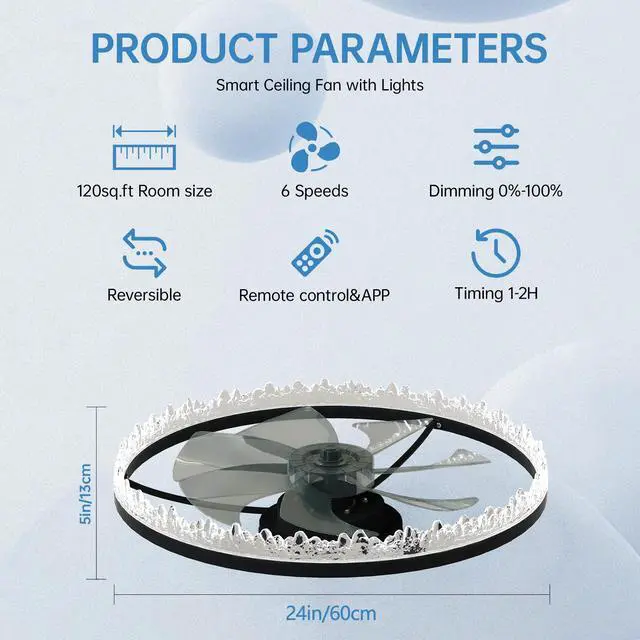 Alt view image 7 of 7 - Luxury Crystal Ceiling Fan with Lights 24'' Flush Mount Led Chandelier Fan with 5 invisible Blades, Remote & Timer, Bright Dimmable Lighting for Bedroom, Living Room, Dining Room
