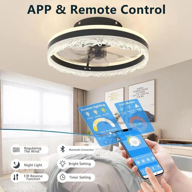 Alt view image 3 of 7 - 16" Quiet Ceiling Fan with Light Led Crystal Flush Mount Fan Lamp with Hidden Blades and Natural Airflow, Perfect for Bedroom, Kids Room, Study Room