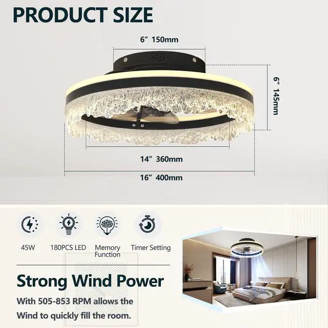 Alt view image 7 of 7 - 16" Quiet Ceiling Fan with Light Led Crystal Flush Mount Fan Lamp with Hidden Blades and Natural Airflow, Perfect for Bedroom, Kids Room, Study Room