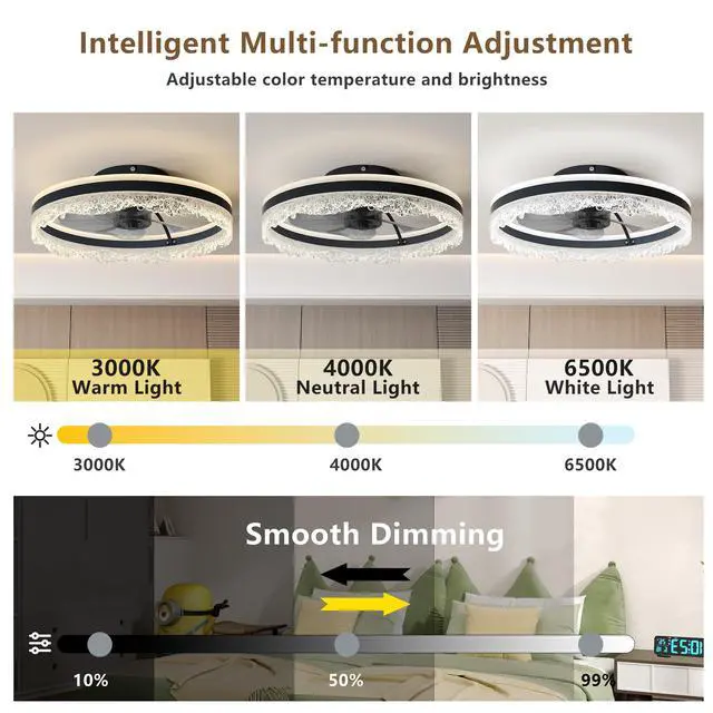 Alt view image 4 of 7 - 20" Smart Silent Ceiling Fan with Light Crystal Flush Mount Led Fan Lamp with Hidden Blades and Natural Airflow System, Designed for Bedroom, Kids' Room and Study