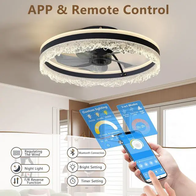 Alt view image 5 of 7 - 20" Smart Silent Ceiling Fan with Light Crystal Flush Mount Led Fan Lamp with Hidden Blades and Natural Airflow System, Designed for Bedroom, Kids' Room and Study