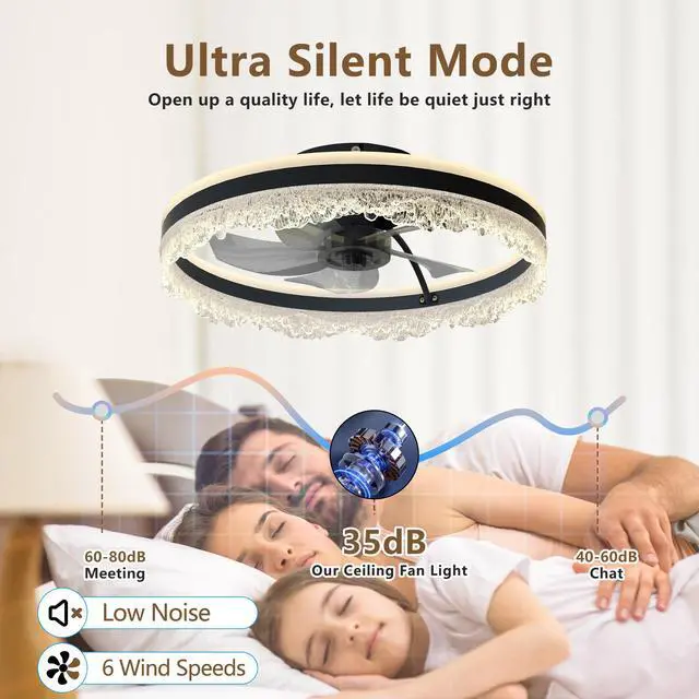 Alt view image 6 of 7 - 20" Smart Silent Ceiling Fan with Light Crystal Flush Mount Led Fan Lamp with Hidden Blades and Natural Airflow System, Designed for Bedroom, Kids' Room and Study