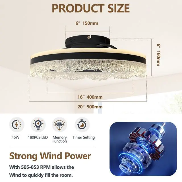 Alt view image 7 of 7 - 20" Smart Silent Ceiling Fan with Light Crystal Flush Mount Led Fan Lamp with Hidden Blades and Natural Airflow System, Designed for Bedroom, Kids' Room and Study