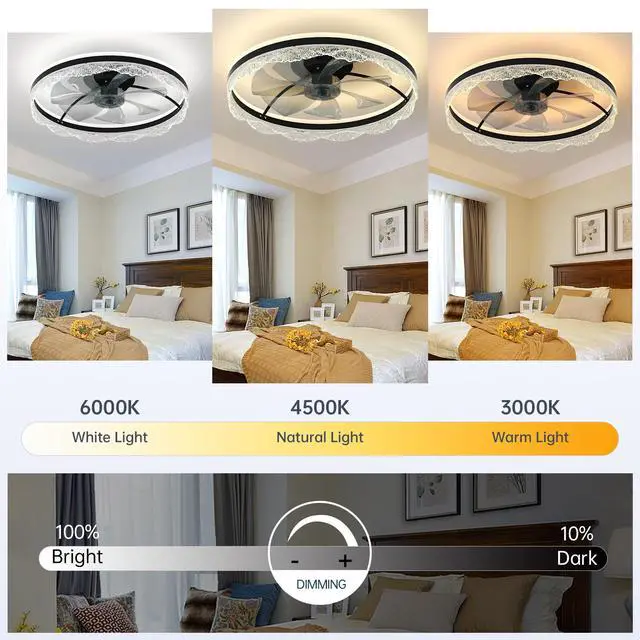 Alt view image 3 of 7 - 24" Quiet Ceiling Fan with Light Led Crystal Flush Mount Fan Lamp with Hidden Blades and Natural Airflow, Perfect for Bedroom, Kids Room, Study Room