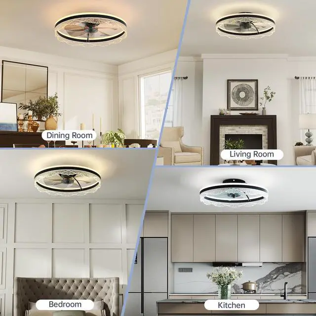 Alt view image 4 of 7 - 24" Quiet Ceiling Fan with Light Led Crystal Flush Mount Fan Lamp with Hidden Blades and Natural Airflow, Perfect for Bedroom, Kids Room, Study Room