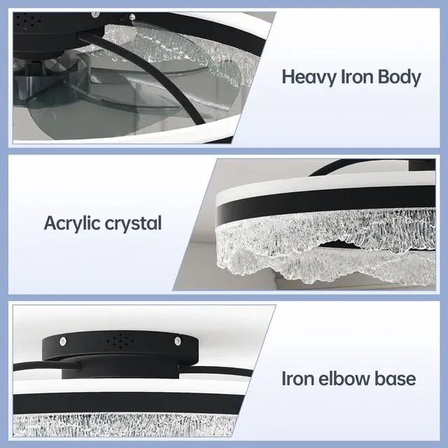 Alt view image 7 of 7 - 24" Quiet Ceiling Fan with Light Led Crystal Flush Mount Fan Lamp with Hidden Blades and Natural Airflow, Perfect for Bedroom, Kids Room, Study Room