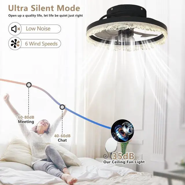 Alt view image 3 of 7 - 16" Decorative Led Ceiling Fan Light Modern Flush Mount with Crystal-inspired Acrylic Ring, Hidden Blades, Remote Control, and Dimmable Light for Stylish Homes (Black)