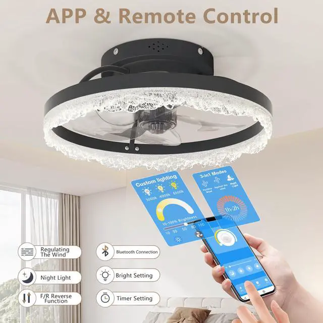 Alt view image 4 of 7 - 16" Decorative Led Ceiling Fan Light Modern Flush Mount with Crystal-inspired Acrylic Ring, Hidden Blades, Remote Control, and Dimmable Light for Stylish Homes (Black)