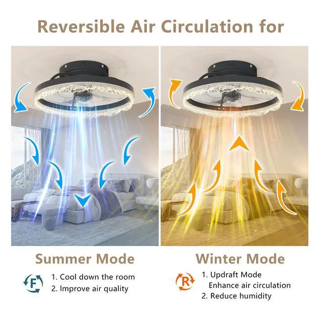 Alt view image 6 of 7 - 16" Decorative Led Ceiling Fan Light Modern Flush Mount with Crystal-inspired Acrylic Ring, Hidden Blades, Remote Control, and Dimmable Light for Stylish Homes (Black)