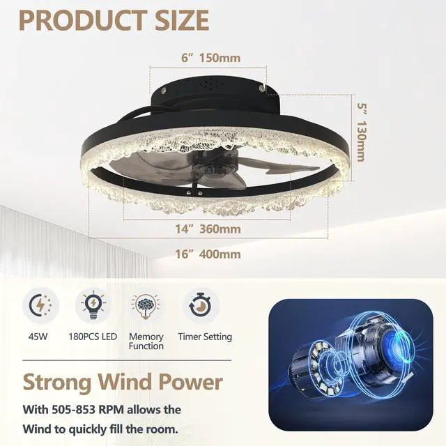 Alt view image 7 of 7 - 16" Decorative Led Ceiling Fan Light Modern Flush Mount with Crystal-inspired Acrylic Ring, Hidden Blades, Remote Control, and Dimmable Light for Stylish Homes (Black)