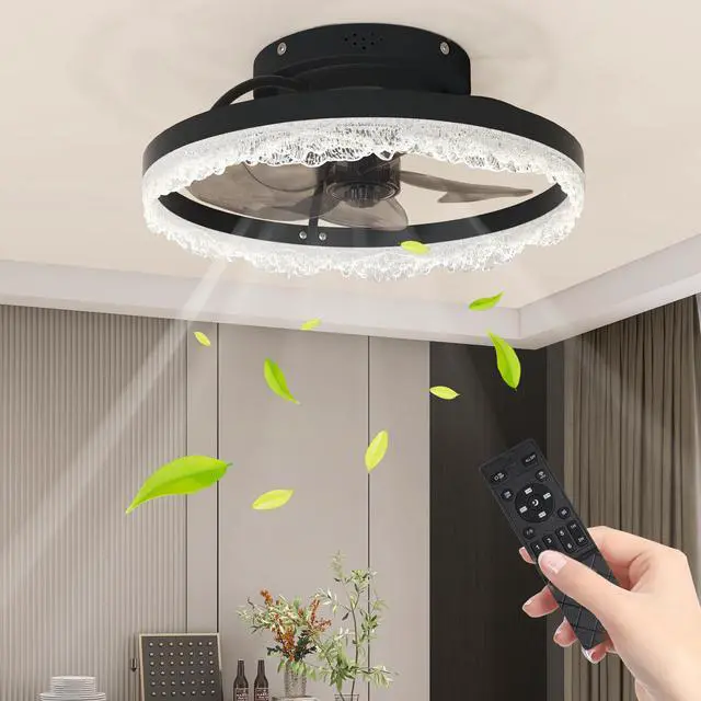 Alt view image 2 of 7 - 16" Decorative Led Ceiling Fan Light Modern Flush Mount with Crystal-inspired Acrylic Ring, Hidden Blades, Remote Control, and Dimmable Light for Stylish Homes (Black)