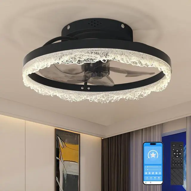 Main image of 16" Decorative Led Ceiling Fan Light Modern Flush Mount with Crystal-inspired Acrylic Ring, Hidden Blades, Remote Control, and Dimmable Light for Stylish Homes (Black)