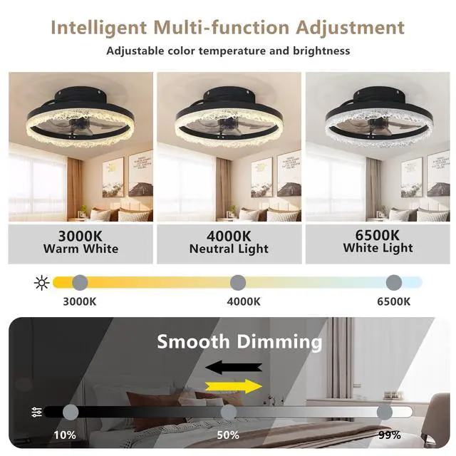 Alt view image 5 of 7 - 16" Decorative Led Ceiling Fan Light Modern Flush Mount with Crystal-inspired Acrylic Ring, Hidden Blades, Remote Control, and Dimmable Light for Stylish Homes (Black)