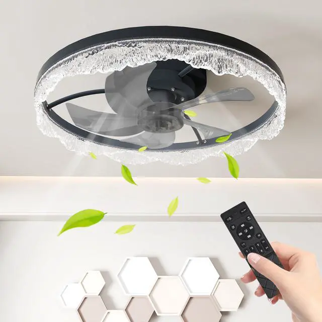 Alt view image 2 of 7 - 20" Decorative Led Ceiling Fan Light Modern Flush Mount with Acrylic Ring, Hidden Blades, Remote Control, and Dimmable Light for Stylish Homes (Black)