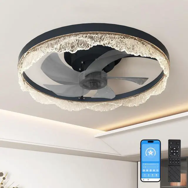 Main image of 20" Decorative Led Ceiling Fan Light Modern Flush Mount with Acrylic Ring, Hidden Blades, Remote Control, and Dimmable Light for Stylish Homes (Black)