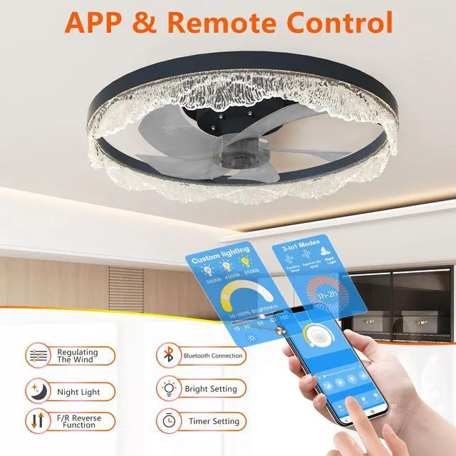 Alt view image 3 of 7 - 20" Decorative Led Ceiling Fan Light Modern Flush Mount with Acrylic Ring, Hidden Blades, Remote Control, and Dimmable Light for Stylish Homes (Black)