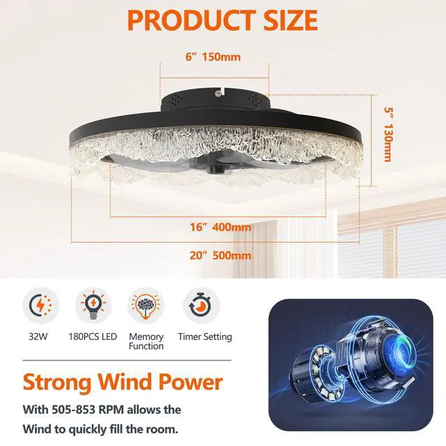 Alt view image 7 of 7 - 20" Decorative Led Ceiling Fan Light Modern Flush Mount with Acrylic Ring, Hidden Blades, Remote Control, and Dimmable Light for Stylish Homes (Black)