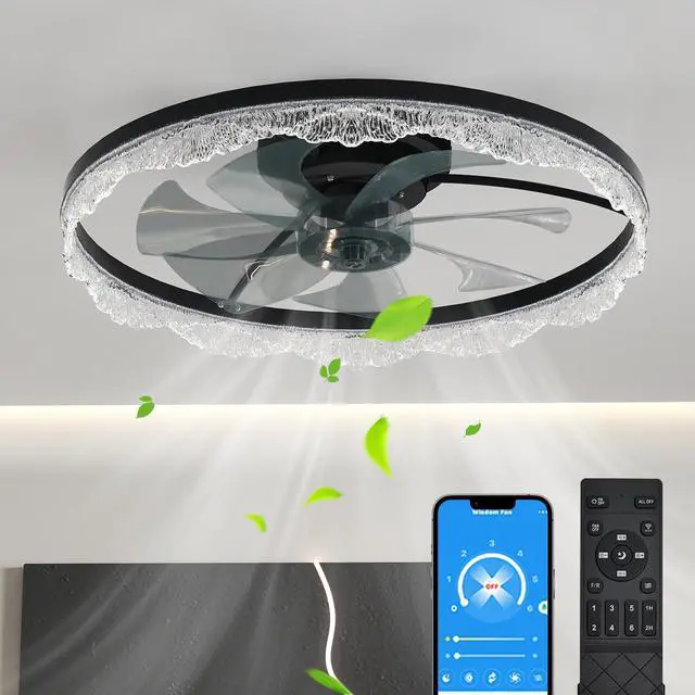 Main image of 24" Decorative Led Ceiling Fan Light Modern Flush Mount with Acrylic Ring, Hidden Blades, Remote Control, and Dimmable Light for Stylish Homes (Black)