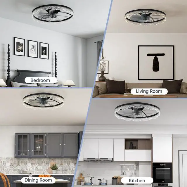 Alt view image 2 of 7 - 24" Decorative Led Ceiling Fan Light Modern Flush Mount with Acrylic Ring, Hidden Blades, Remote Control, and Dimmable Light for Stylish Homes (Black)