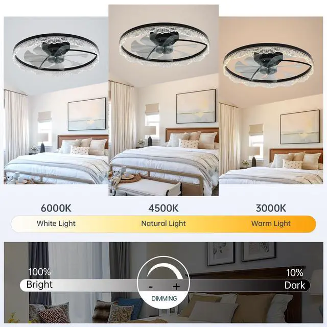 Alt view image 3 of 7 - 24" Decorative Led Ceiling Fan Light Modern Flush Mount with Acrylic Ring, Hidden Blades, Remote Control, and Dimmable Light for Stylish Homes (Black)