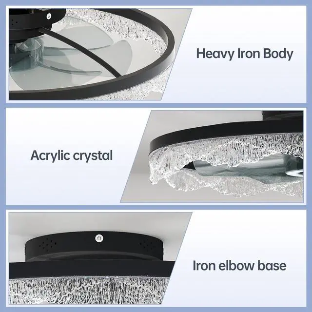Alt view image 5 of 7 - 24" Decorative Led Ceiling Fan Light Modern Flush Mount with Acrylic Ring, Hidden Blades, Remote Control, and Dimmable Light for Stylish Homes (Black)