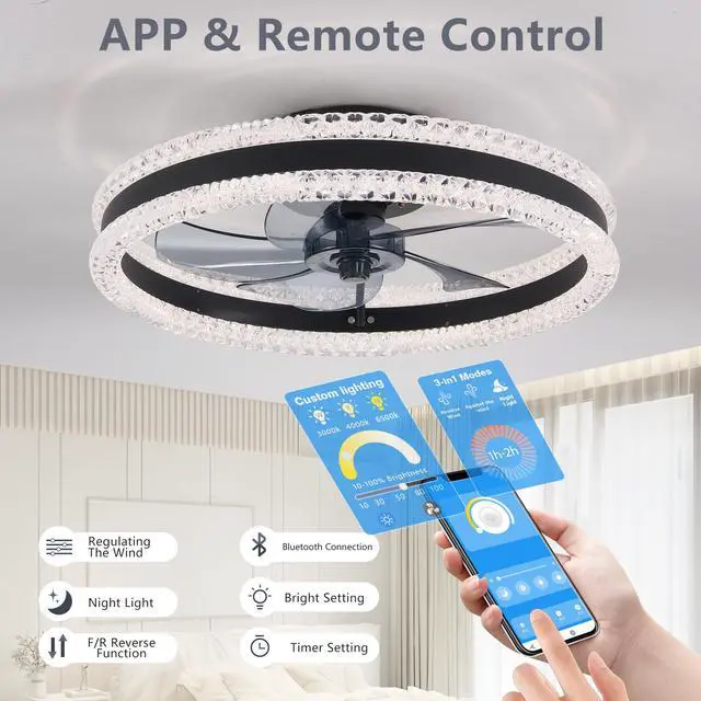 Alt view image 4 of 7 - 20" Luxury Double Ring Led Ceiling Fan with Light Modern Flush Mount Design, Hidden Blades, Dimmable Lighting & Remote Control, Low Profile Silent Fan for Bedroom, Living Room (Black)