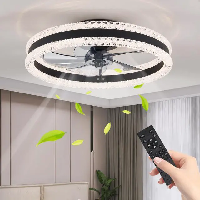 Alt view image 2 of 7 - 20" Luxury Double Ring Led Ceiling Fan with Light Modern Flush Mount Design, Hidden Blades, Dimmable Lighting & Remote Control, Low Profile Silent Fan for Bedroom, Living Room (Black)