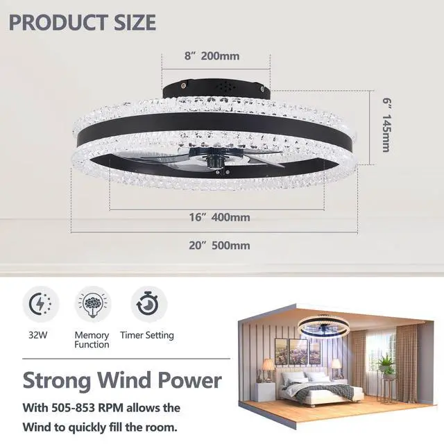 Alt view image 7 of 7 - 20" Luxury Double Ring Led Ceiling Fan with Light Modern Flush Mount Design, Hidden Blades, Dimmable Lighting & Remote Control, Low Profile Silent Fan for Bedroom, Living Room (Black)