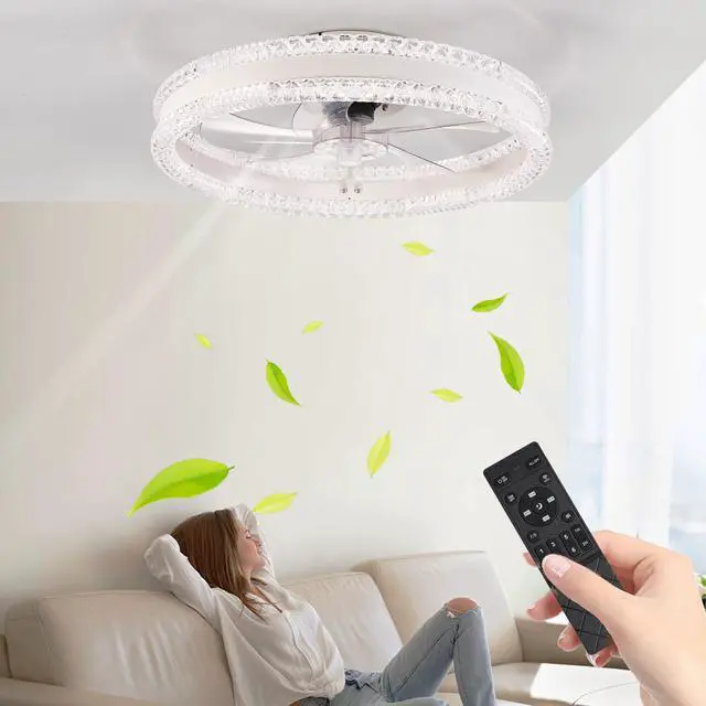 Alt view image 2 of 7 - 20" Luxury Double Ring Led Ceiling Fan with Light Modern Flush Mount Design, Hidden Blades, Dimmable Lighting & Remote Control, Low Profile Silent Fan for Bedroom, Living Room (White)