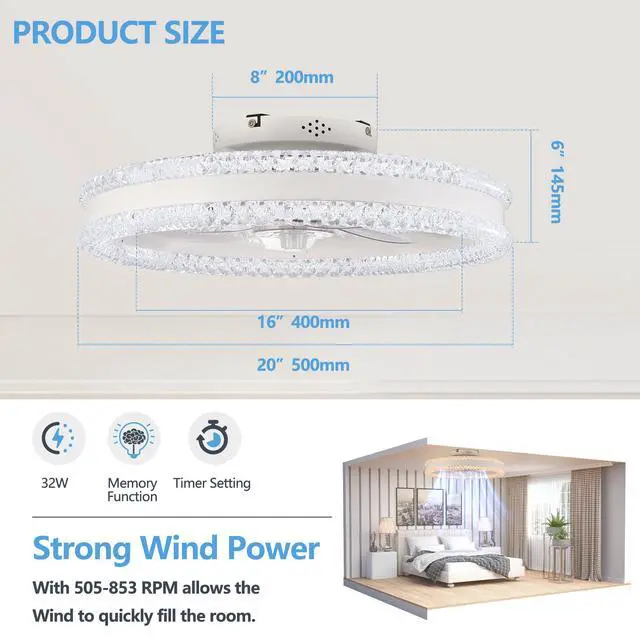 Alt view image 4 of 7 - 20" Luxury Double Ring Led Ceiling Fan with Light Modern Flush Mount Design, Hidden Blades, Dimmable Lighting & Remote Control, Low Profile Silent Fan for Bedroom, Living Room (White)