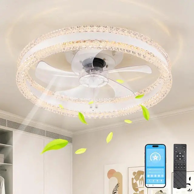 Main image of 20" Luxury Double Ring Led Ceiling Fan with Light Modern Flush Mount Design, Hidden Blades, Dimmable Lighting & Remote Control, Low Profile Silent Fan for Bedroom, Living Room (White)