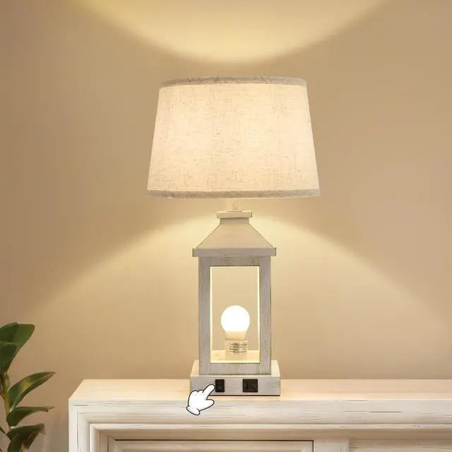 Alt view image 2 of 7 - 20.5" Set Of 2 Vintage Table Lamps for Living Room,Farmhouse industrial Nightstand Lamp with Usb C+A & Outlet,White Bedside Lamps for End Table with Nightlight(including Light Bulbs)