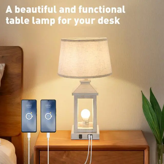 Alt view image 4 of 7 - 20.5" Set Of 2 Vintage Table Lamps for Living Room,Farmhouse industrial Nightstand Lamp with Usb C+A & Outlet,White Bedside Lamps for End Table with Nightlight(including Light Bulbs)