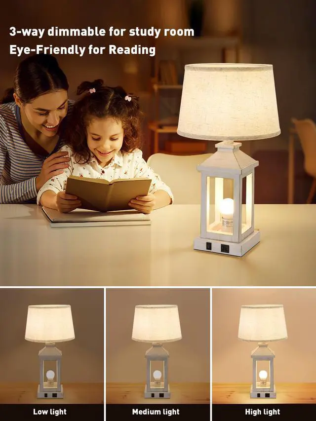 Alt view image 3 of 7 - 20.5" Set Of 2 Vintage Table Lamps for Living Room,Farmhouse industrial Nightstand Lamp with Usb C+A & Outlet,White Bedside Lamps for End Table with Nightlight(including Light Bulbs)