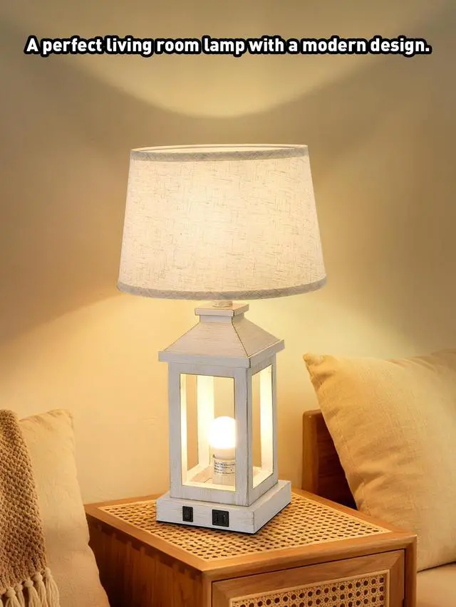 Alt view image 5 of 7 - 20.5" Set Of 2 Vintage Table Lamps for Living Room,Farmhouse industrial Nightstand Lamp with Usb C+A & Outlet,White Bedside Lamps for End Table with Nightlight(including Light Bulbs)
