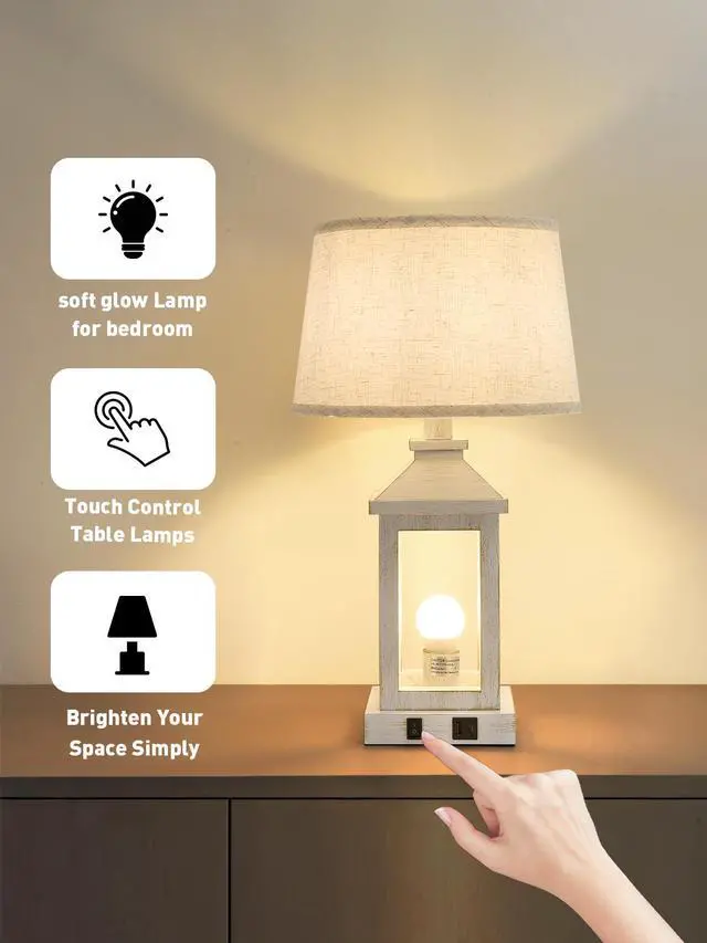 Alt view image 6 of 7 - 20.5" Set Of 2 Vintage Table Lamps for Living Room,Farmhouse industrial Nightstand Lamp with Usb C+A & Outlet,White Bedside Lamps for End Table with Nightlight(including Light Bulbs)