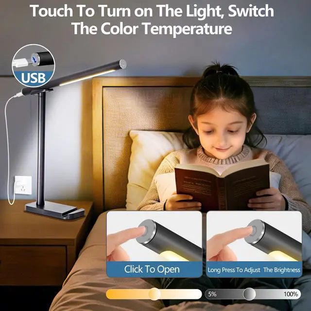 Alt view image 3 of 7 - Led Desk Lamp 360°Adjustable, Usb Charging Port, 5 Light Modes & Dimmable Brightness, Bedside Lamp for Reading, Craft, Work, Study(Black)